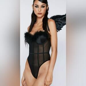NEW Nasty Gal Satin Corset Bodysuit Feather Medium Cosplay Mesh Sheer Dark Angel